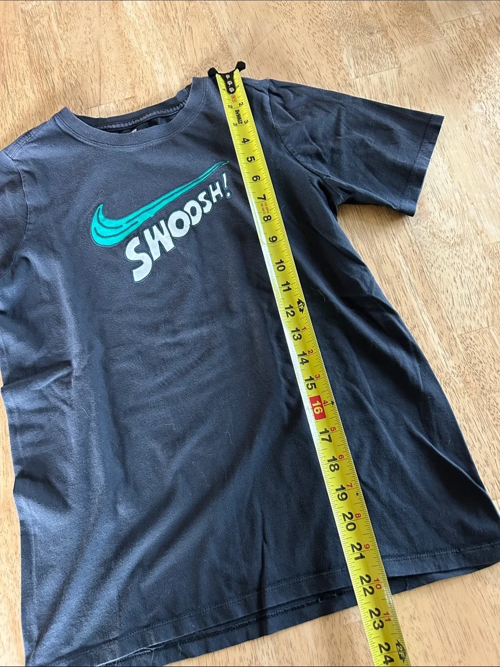 Nike Black Grey Tee with Teal Swoosh and 'SWOOSH!' Graphic